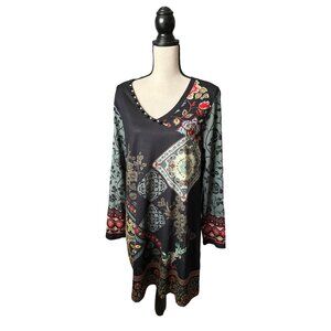 NorthStyle Black Boho Dress Embroidered Print Knit Beading Tattoo Sleeves Large